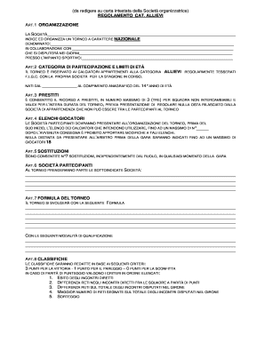 FEDERAZIONE ITALIANA GIUOCO CALCIO Settore Giovanile e Scolastico Regolamenti per Tornei a carattere Nazionale Stagione Sportiva 2012/2013 (da redigere su carta intestata della Societ organizzatrice) REGOLAMENTO CAT