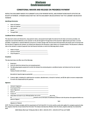 CONDITIONAL WAIVER AND RELEASE ON PROGRESS PAYMENT NOTICE:THIS DOCUMENT WAIVES THE CLAIMANT 'S LIEN, STOP PAYMENT NOTICE, AND PAYMENT BOND RIGHTS EFFECTIVE ON RECEIPT OF PAYMENT