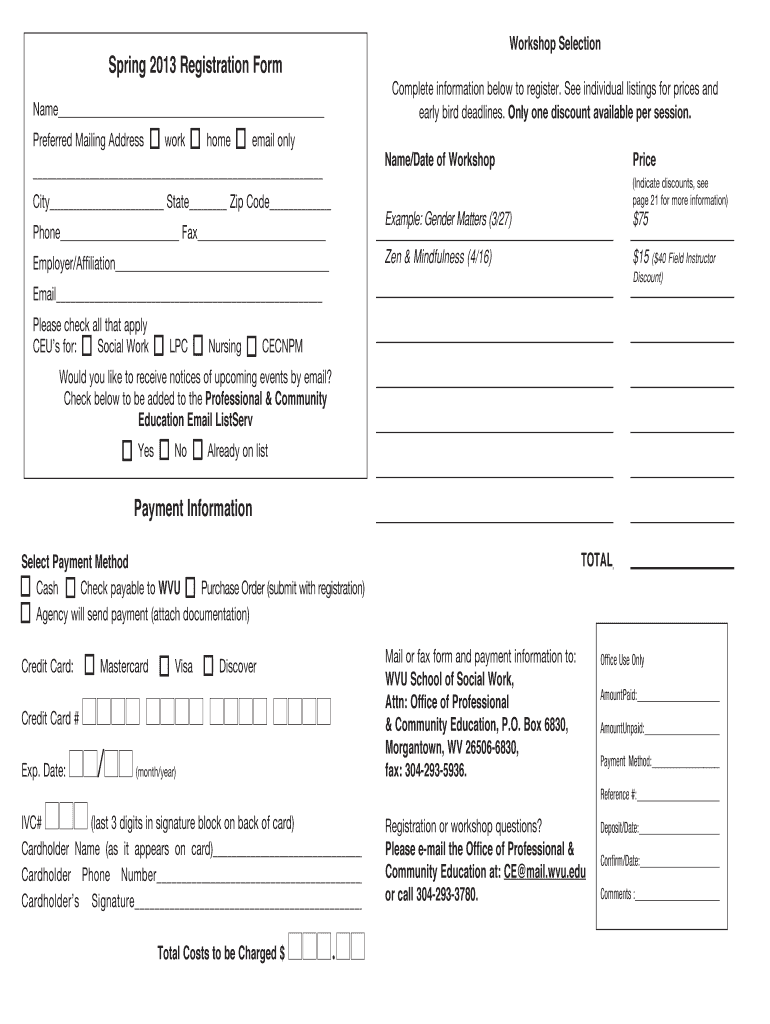 Fillable Online socialwork wvu Workshop Selection Spring 2013 ...