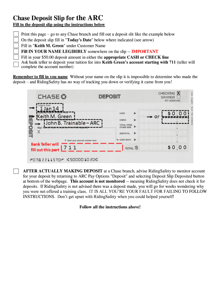 Fillable Online Chase Deposit Slip for the ARC Fax Email Print pdfFiller