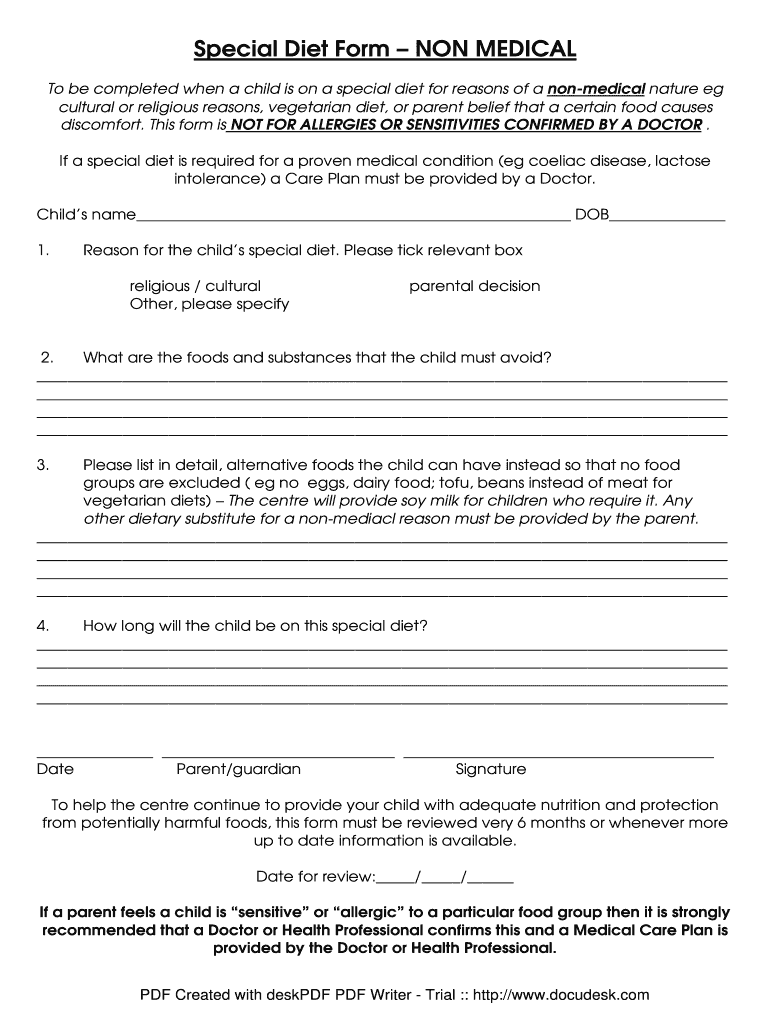 Fillable Online Special Diet Form Fax Email Print pdfFiller
