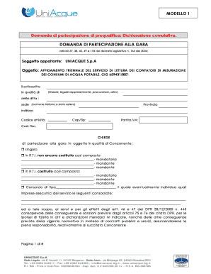 MODELLO 1 Domanda di partecipazione di prequalifica: Dichiarazione cumulativa - uniacque bg