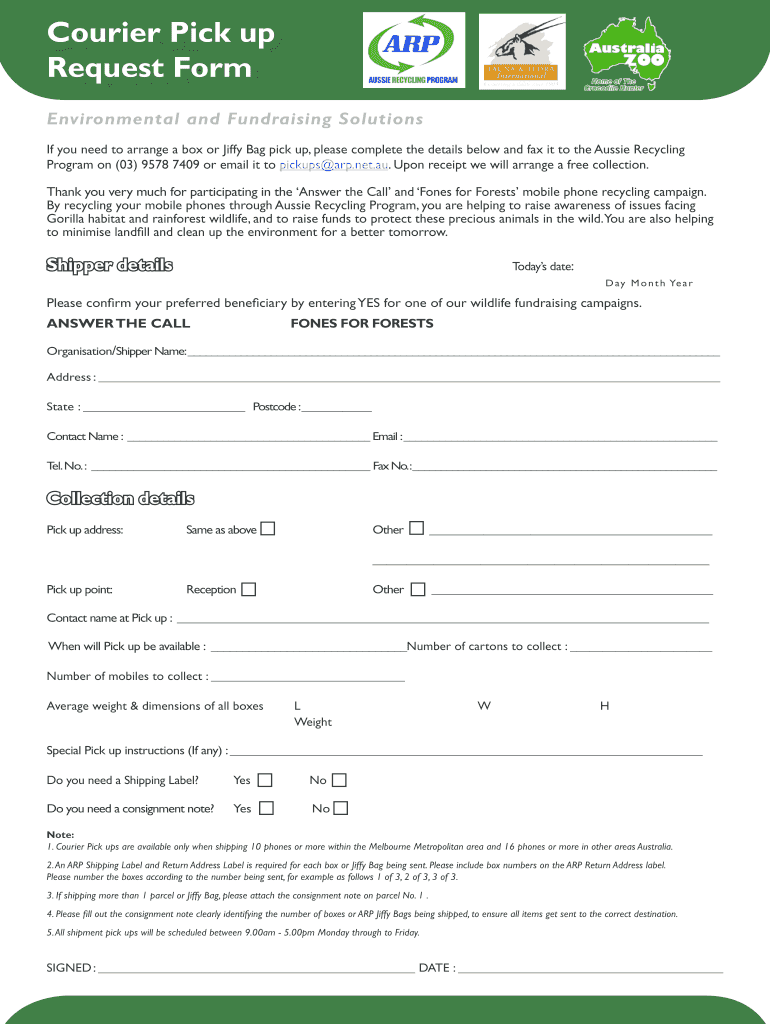 Fillable Online Courier Pick up Request Form Steve Irwin Fax Email