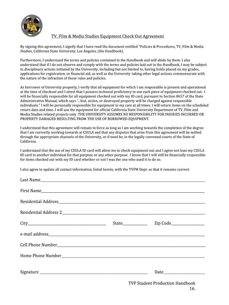 Fillable Online calstatela TVF STUDENT PRODUCTION HANDBOOK 10122 Fax