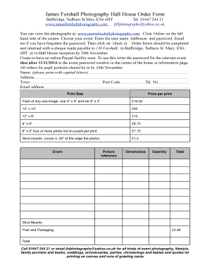 James Forshall Photography Hall House Order Form