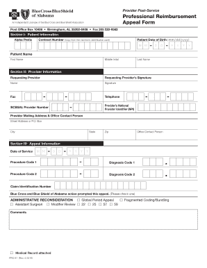 Fillable Online providers bcbsal Professional Reimbursement Appeal Form ...