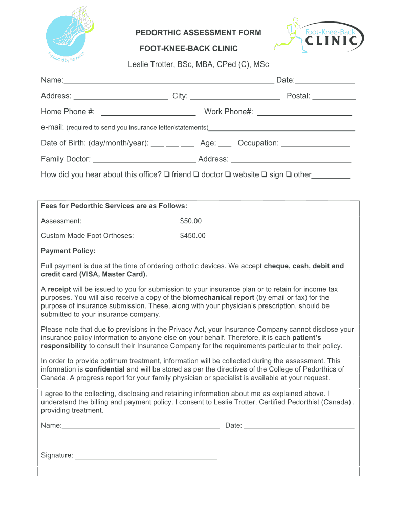 PEDORTHIC ASSESSMENT FORM - bfootkneebackbbcomb Preview on Page 1