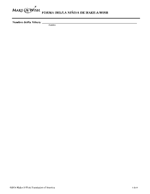 FORMA DEL/LA NIO/A DE MAKEAWISH Nombre del/la Nio/a: Nombre Nombre Preferido: Segundo Nombre Gnero: Masculino Apellido Femenino Edad: Fecha de Nacimiento: Tamao de Playera del/la Nio/a: Condicin Mdica del/la Nio/a: Domicilio Principal