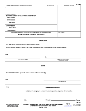 California Ex Parte Application for Restoration of Former Name