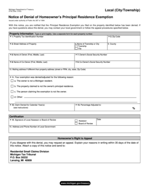 Michigan Notice of Denial of Homeowner's Principal Residence Exemption