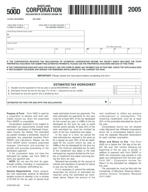 Maryland Form 500D Corporation 2005