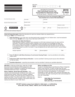 Utah Individual Income Tax 2010 Transmittal
