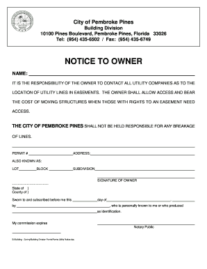 Fillable Online NOTICE TO OWNER - Pembroke Pines Florida Fax Email ...