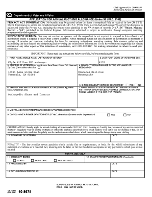 VA Form 10-8678 Annual Clothing Allowance Application