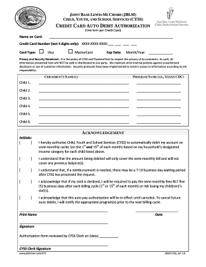 Joint Base Lewis-McChord Credit Card Auto Debit Authorization