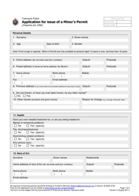 Fillable Online Tasmania Police Application for issue of a Minor s