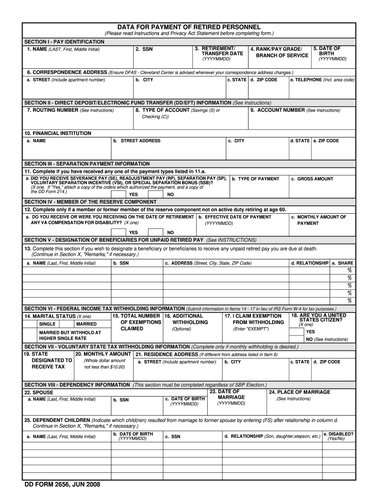 DD Form 2656 Data For Payment Of Retired Personnel June 2008 Fill 