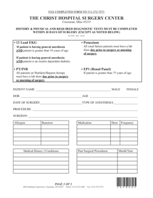 The Christ Hospital Surgery Center History & Physical Form
