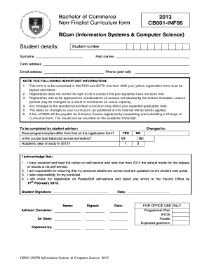 BCom Non-Finalist Curriculum Form