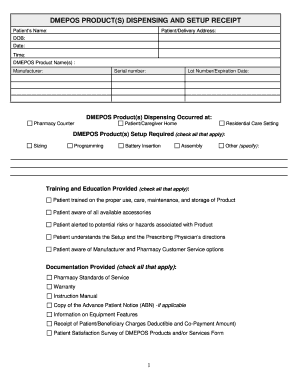 DMEPOS Product Dispensing and Setup Receipt