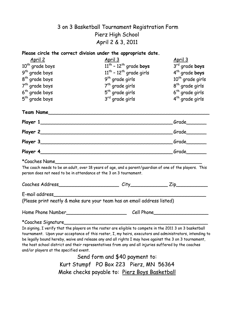  3 On 3 Basketball Tournament Registration Form Template Fill Out 