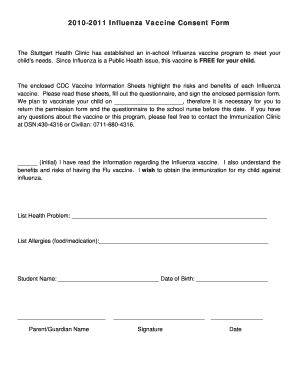 2010-2011 Influenza Vaccine Consent Form
