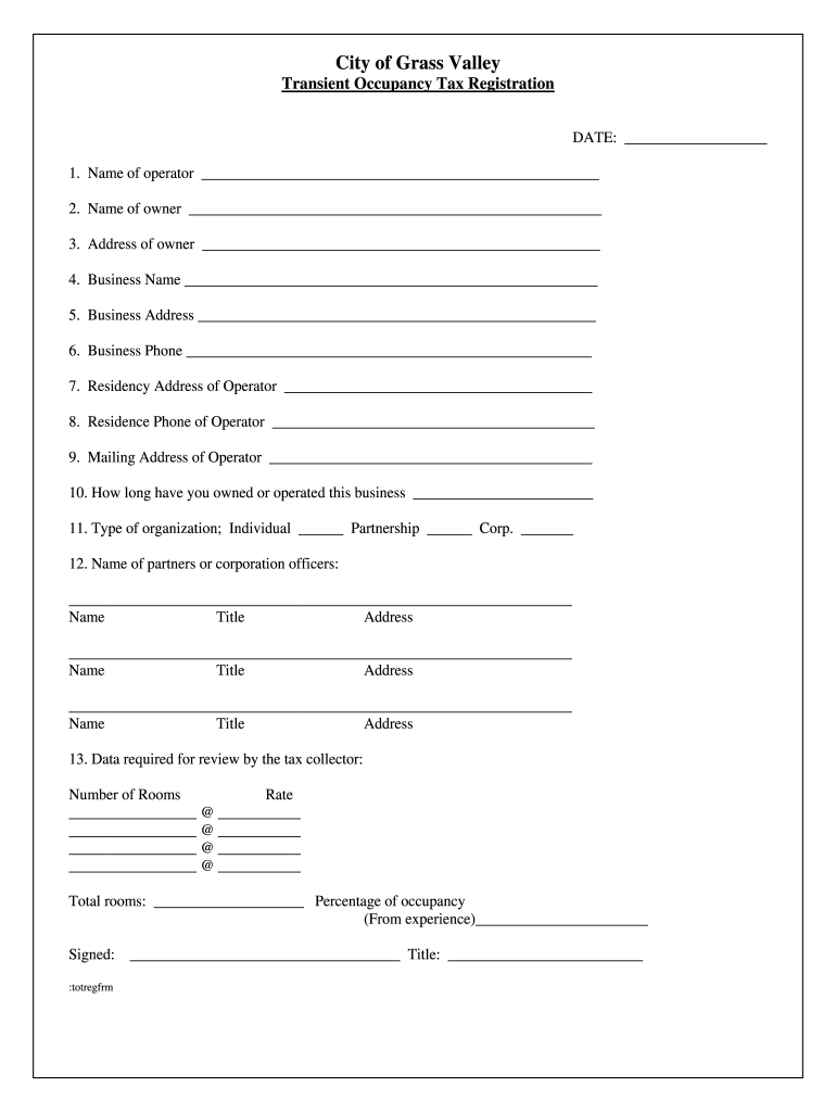 City of Grass Valley Transient Occupancy Tax Registration Preview on Page 1