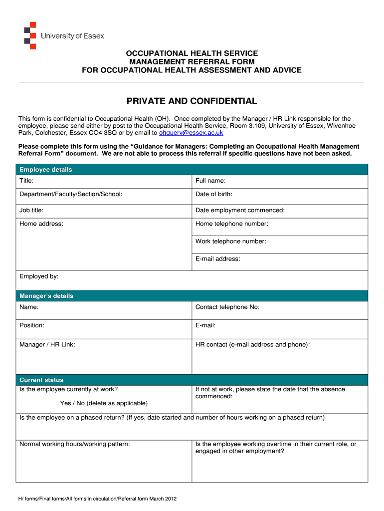 Fillable Online essex ac Referral form University of Essex essex ac