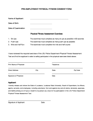 PRE-EMPLOYMENT PHYSICAL FITNESS CONSENT FORM Name ... - sites01 lsu