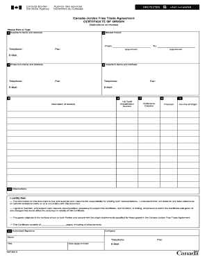 Canada-Jordan Free Trade Agreement Certificate of Origin