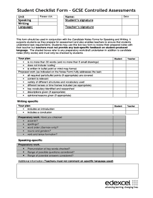 Student Checklist Form GCSE Controlled Assessments - Edexcel