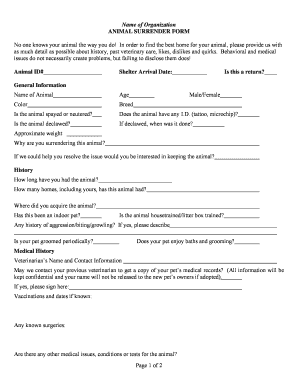 Animal Surrender Form - Fill and Sign Printable Template Online