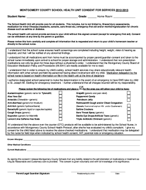 Montgomery County School Health Unit Consent Form