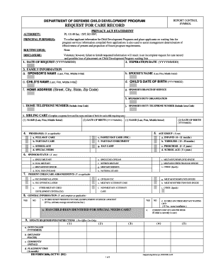 Department of Defense Child Development Program Request for Care