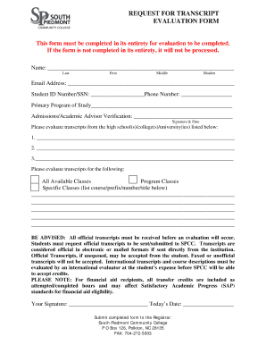 Request for transcript evaluation form - South Piedmont Community ... - spcc