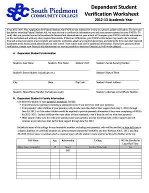 Dependent Student Verification Worksheet