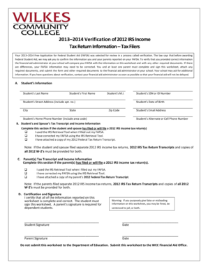 2013–2014 Verification of 2012 IRS Income Tax Return Information