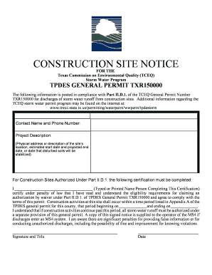 Construction Site Notice for TCEQ Storm Water Program