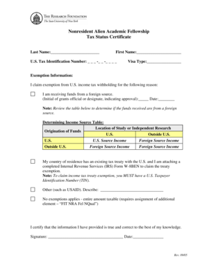 Nonresident Alien Academic Fellowship Tax Status Certificate