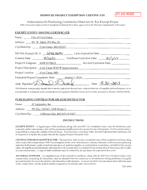 Missouri Project Exemption Certificate
