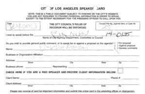 Los Angeles City Council Speaking Card
