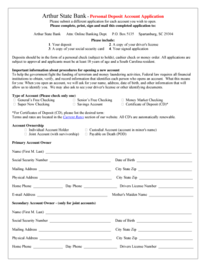 Arthur State Bank Personal Deposit Account Application