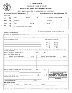 El Camino College Certificate Petition Form