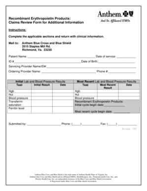 Recombinant Erythropoietin Products Claims Review Form