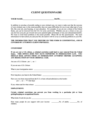 Client Questionnaire for Criminal Case