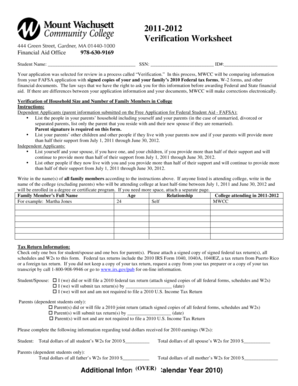 2011-2012 Verification Worksheet