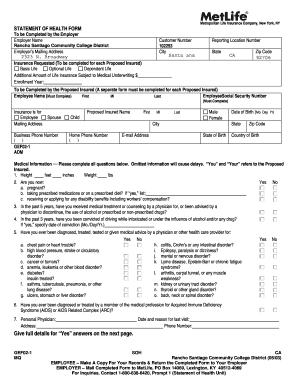 Metropolitan Life Insurance Statement of Health Form
