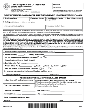 Texas Employee's Election for Commuted Lump Sum Impairment Income Benefits