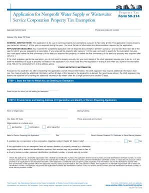 Texas Nonprofit Water Supply or Wastewater Property Tax Exemption Form 50-214