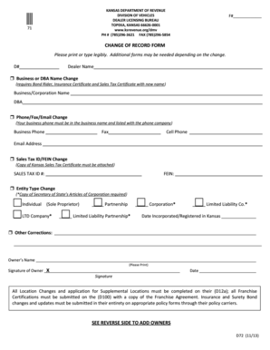 Kansas Dealer Record Change Form